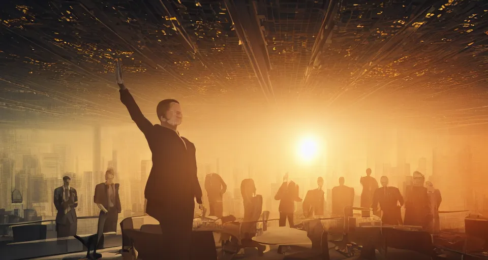 Image similar to Dramatic photo of a CEO waving goodbye to a group of silhouettes of his coworkers in a futuristic office. Golden coins are levitating all around them. 8k, high detail, trending on Artstation, volumetric lighting, cyberpunk