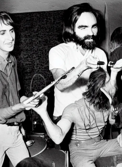 Image similar to vintage magazine photo depicting charles manson playing tambourine with the beach boys