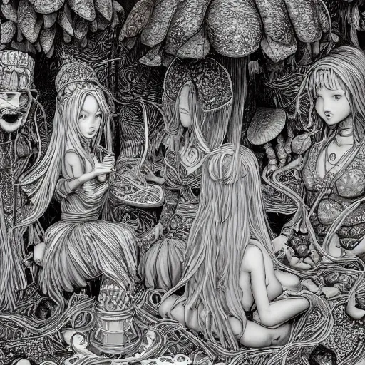 Image similar to mushroom goddess with group of elders, discussing the new season of friends, cynical realism, hiroya oku intricate penwork, yoshitaka amano, chris cunningham, black and white, beautiful lighting, manga in the style of drummond, 3 d render, 8 k