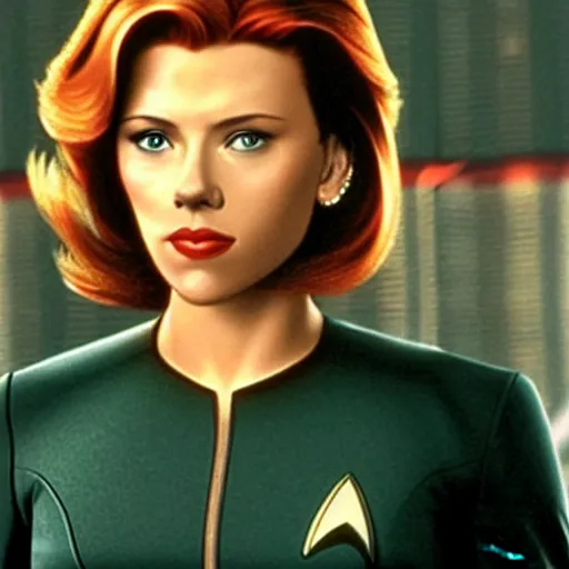 Prompt: A still photograph of Scarlett Johansson as Captain Janeway in Star Trek Voyager