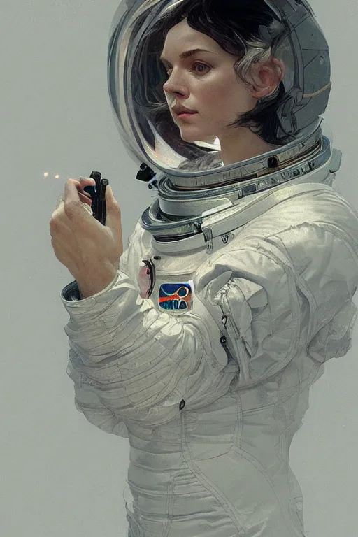 Image similar to A full portrait of a 2001 Space Odyssey Astronaut, intricate, elegant, highly detailed, digital painting, artstation, concept art, smooth, sharp focus, illustration, art by Krenz Cushart and Artem Demura and alphonse mucha