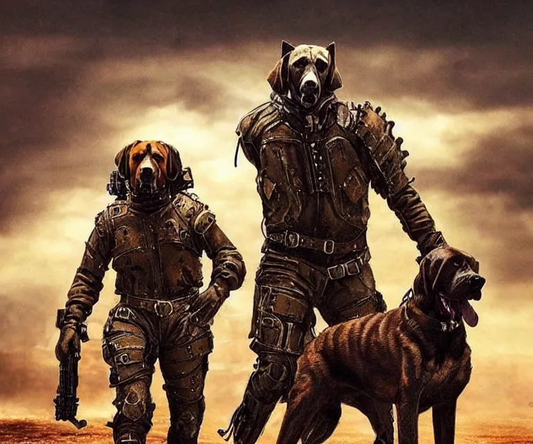 Image similar to a good ol'bloodhound dog fursona ( from the furry fandom ), heavily armed and armored facing down armageddon in a dark and gritty version from the makers of mad max : fury road. witness me.