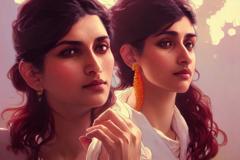 Image similar to Anxious good looking pale young Indian doctors arguing, portrait, elegant, intricate, digital painting, artstation, concept art, smooth, sharp focus, illustration, art by artgerm and greg rutkowski and alphonse mucha