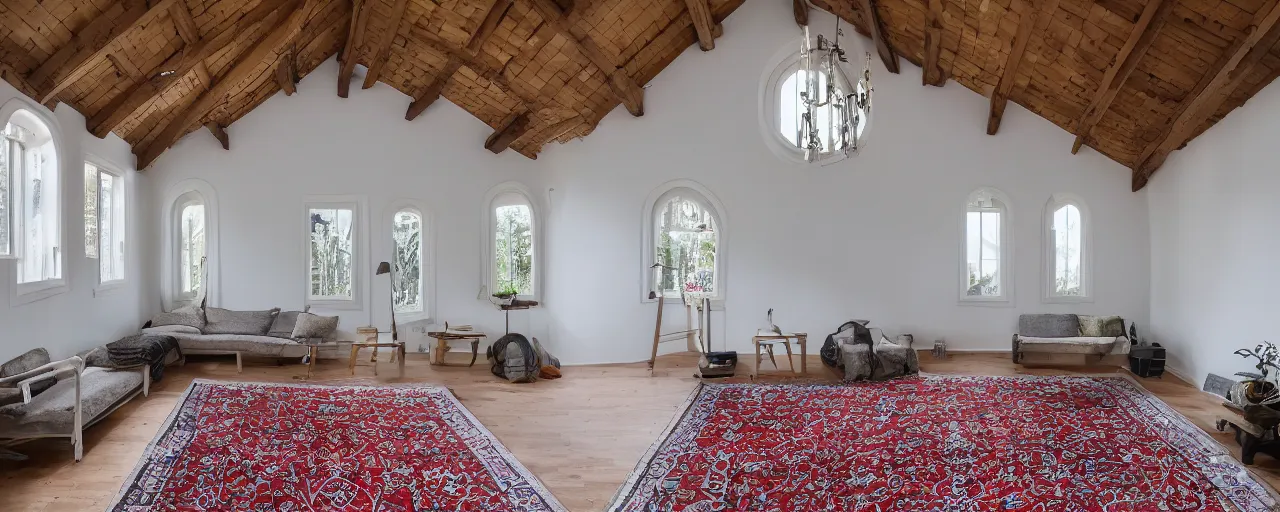 Image similar to low ceiling attic, with matte white painted ceiling, with 2 rectangular windows opposing each other, with a large square window in the back right corner of the room, with exquisite turkish and persian rugs on the polished plywood floor, XF IQ4, 150MP, 50mm, F1.4, ISO 200, 1/160s, natural light