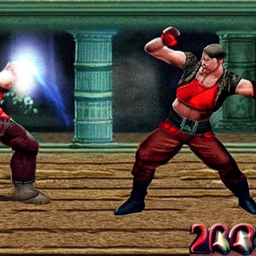 Prompt: alexander lukashenko fighting versus liu kang in mortal kombat 2 game