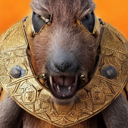 Prompt: fine art matte painting of an anthropomorphic capybara warrior in full intricate armor, ultra detailed, digital art, octane render 4K-H 720