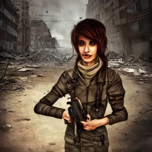 Image similar to pretty face, wide angle lens, photorealistic, 4k, background of destroyed city post apocalyptic, steakpunk, soft lighting, portrait, style of gigar, GIGAR, horror alien gigar