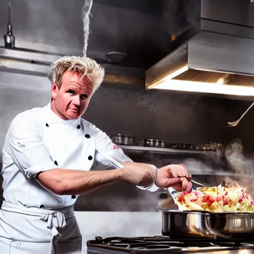 Image similar to hyper real Gordon Ramsey cooking a unicorn in kitchen 4k