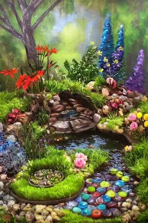 Prompt: oil painted fairy garden with pond and fantasy trees painted by Jasmin Habezal-Feri, trending on artstation
