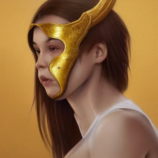 Image similar to 1 5 year old white girl with a white shirt that has one shoulder visible, wears black sports shorts and a golden mask on her face, intricate, highly detailed, digital painting, artstation, concept art, smooth, sharp focus, illustration, unreal engine 5, 8 k, art by artgerm and greg rutkowski and alphonse mucha