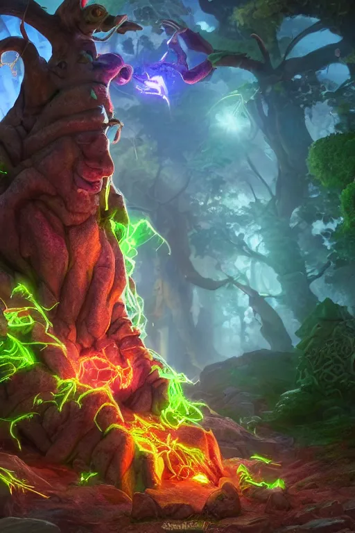 Image similar to arcane fantasy art giant golem elemental wood rock bastion forged gemstone enchanted forest troll, global illumination ray tracing hdr fanart arstation by sung choi and eric pfeiffer and gabriel garza and casper konefal lisa frank zbrush central hardmesh radiating a glowing aura