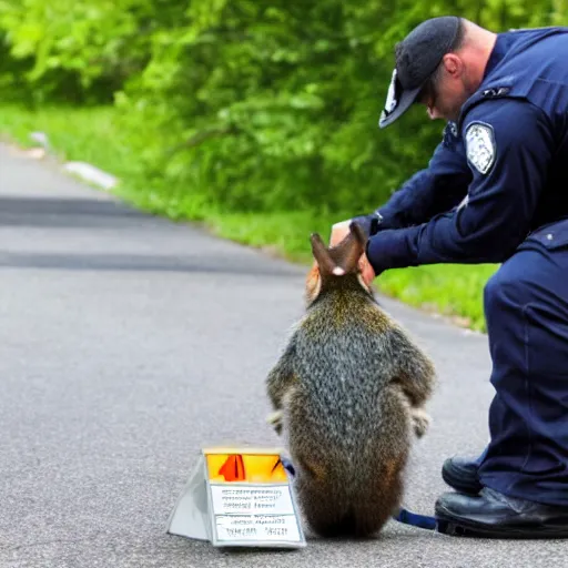 Image similar to a dog-cop ticketing a squirrel with a fine for speeding