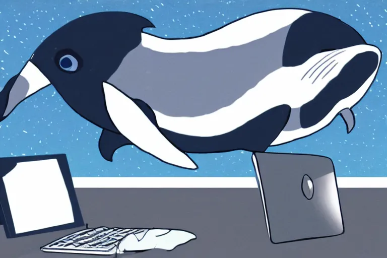 Image similar to anime whale using a computer, anime whale, anime screencap