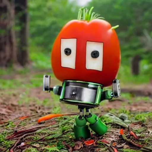 Image similar to cute little robot made of vegetables, tomato head and a carrot sword, made in abyss style standing on a forest