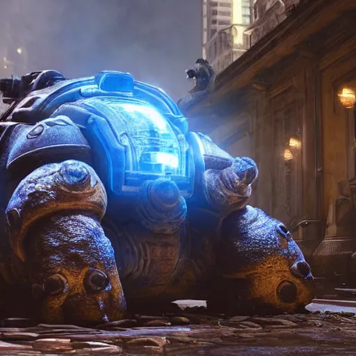 Image similar to a 'Blastoise Tank' in 'Gears of War', splash art, movie still, cinematic lighting, detailed face, dramatic, octane render, long lens, shallow depth of field, bokeh, anamorphic lens flare, 8k, hyper detailed, 35mm film grain