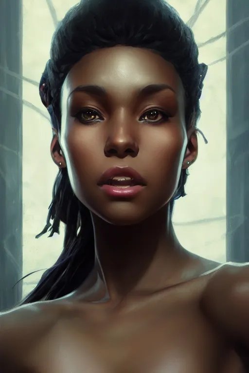 Prompt: A beautiful black female, highly detailed, digital painting, artstation, concept art, smooth, sharp focus, illustration, Unreal Engine 5, 8K, art by Ross Tran and greg rutkowski and alphonse Mucha