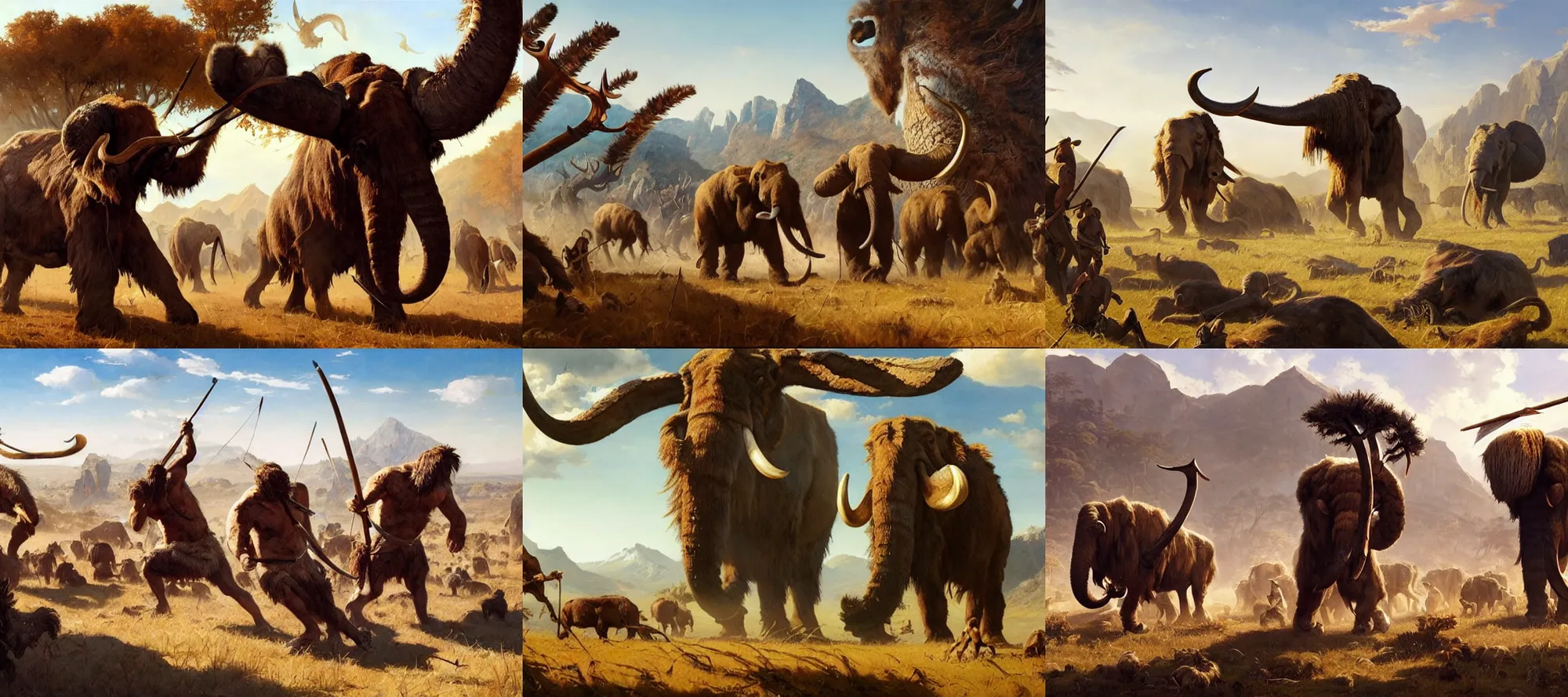 Prompt: epic scene of prehistoric hunter gatherers hunting a wooly mammoth with spears, autumn season, clear and beautiful sunny weather, epic feels, high details, oil painting by greg rutkowski and craig mullins, frank frazetta, 8 k