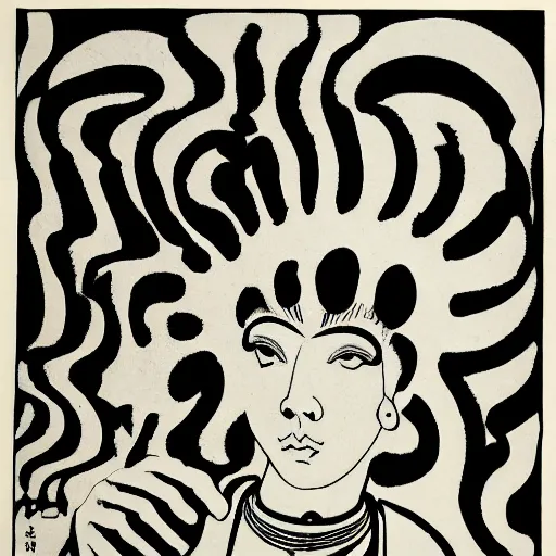 Image similar to A techno DJ, woodblock print, b&w, by Aubrey Beardsley