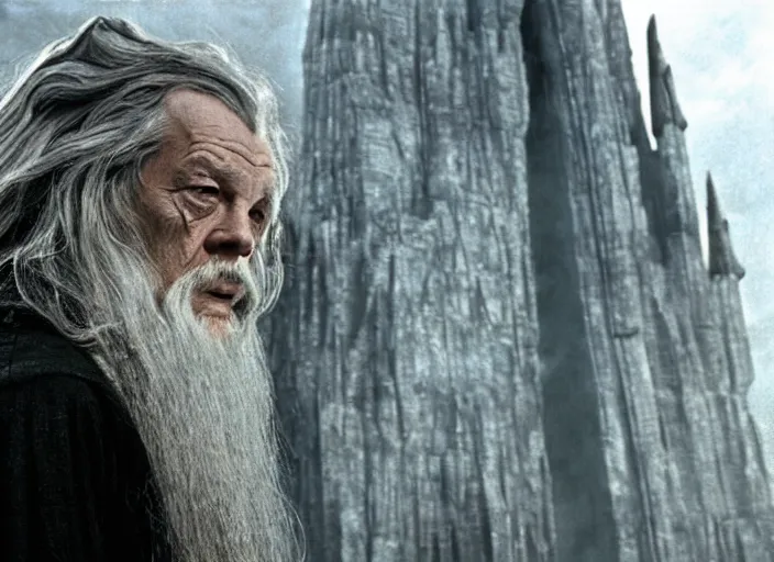 Prompt: gandalf played by lance henriksen stood outside orthanc, style of h. r. giger, directed by david fincher,