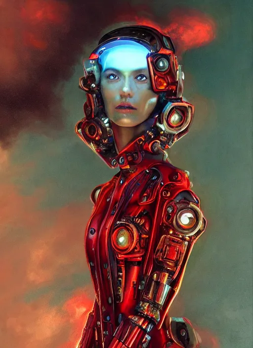 Prompt: symmetry!!! closeup portrait of a cyborg vape girl, fashion mechanic jumpsuit with shiny shoulder pads, cinematic light, windy, red green, volumetric smoke, mist, by gerald brom, by mikhail vrubel, by peter elson, muted colors, extreme detail, trending on artstation, 8 k