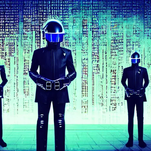 Image similar to daft punk standing in front of a gigantic robot army, cyberpunk futuristic alien landscape, weird plants, banners covered with alien writing glyphs, by Małgorzata Kmiec