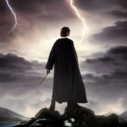 Image similar to Harry potter standing and casting a short wand, back view, thunderclouds, cinematic shot, wide shot, epic scale, waving robe movement, photorealistic detail and quality, intricate ground stone, magical sigils, floating particle effects, movie still, nighttime, crescent moon, sharp and clear, action shot, intense scene, visually coherent, symmetry, rule of thirds, movement, photorealistic colors, cool colors transitioning to warm colors, modest tone, award winning, directed by Steven Spielberg, Christopher Nolan, Tooth Wu, Asher Duran