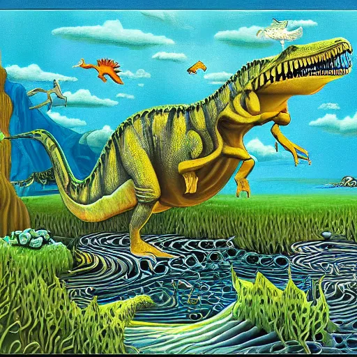 Prompt: dinosaur in water inspired by jacek yerka, cinematic