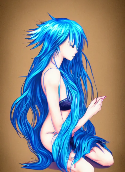 Image similar to a woman with blue hair sitting in the water, an anime drawing by yuumei, featured on pixiv, rayonism, pixiv, seapunk, anime