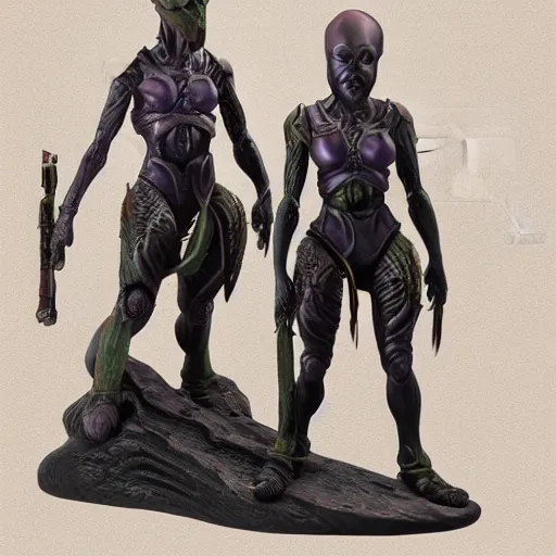 Prompt: 80mm resin detailed miniature of a Alien and Female warrior, Product Introduction Photos, 4K, Front view, Full body