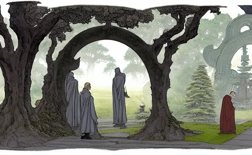 Image similar to a hyperrealist watercolour concept art of a dimensional time portal in the shape of an arch of trees. a medieval monk in grey robes is in the foreground. a japanese temple is in the background. very muted colors, post grunge, by rebecca guay, michael kaluta, charles vess and jean moebius giraud. high detail, hq, wide shot, 4 k