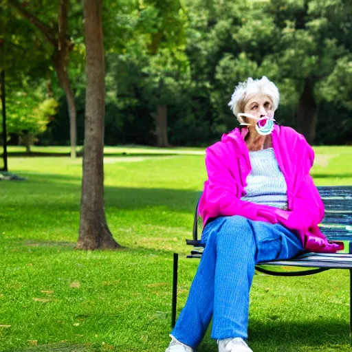 Image similar to an older woman sitting in a park wearing a small oxygen cannula under her nose, 4 k,