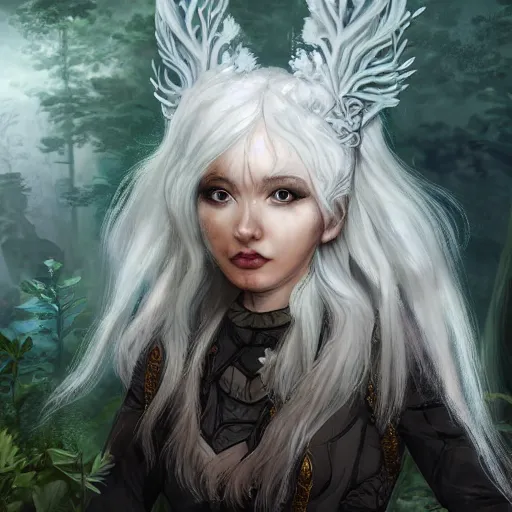 Image similar to a highly detailed portrait of a cute fantasy creature with white hair in a fantasy forest concept art