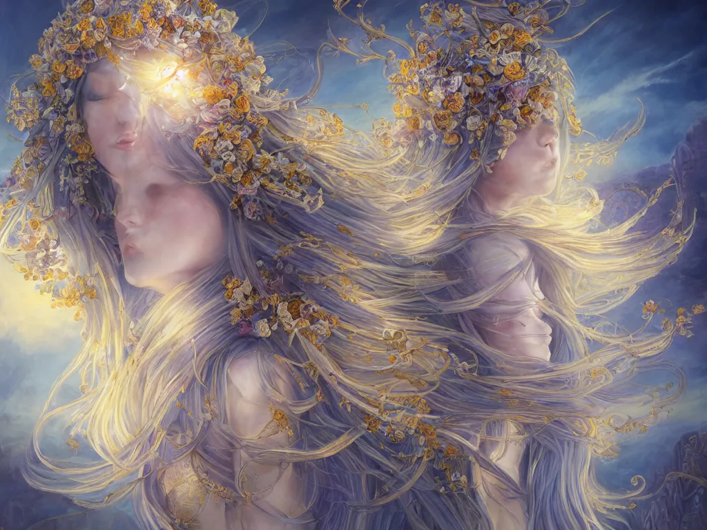 Image similar to breathtaking detailed painting of a full shot knight queen with long flowing bright blue hair, pastel flowers petals and golden tumultuous clouds, art by pilyeon and yuumei art, symmetrical facial features, at dawn in front of a pristine golden art nouveau cathedral, elegant, volumetric lighting, highly detailed, artstation, concept art, matte, sharp focus,