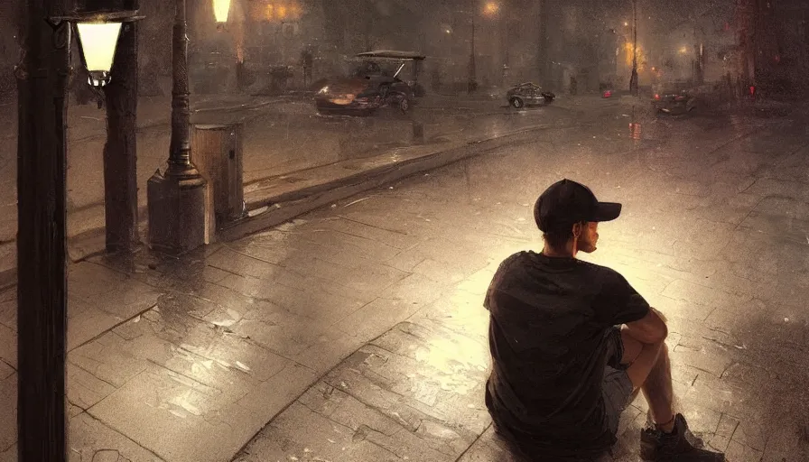 Prompt: young guy wearing a cap and sitting on a curb under a warm street light in the dark, cinematic lighting, establishing shot, art by greg rutkowski