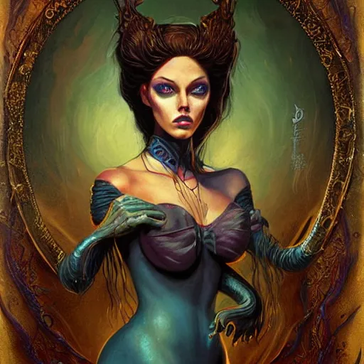 Image similar to portrait of princess of the dreamlands and moon beast, beautiful! coherent! by brom, deep colors, strong lines, high contrast