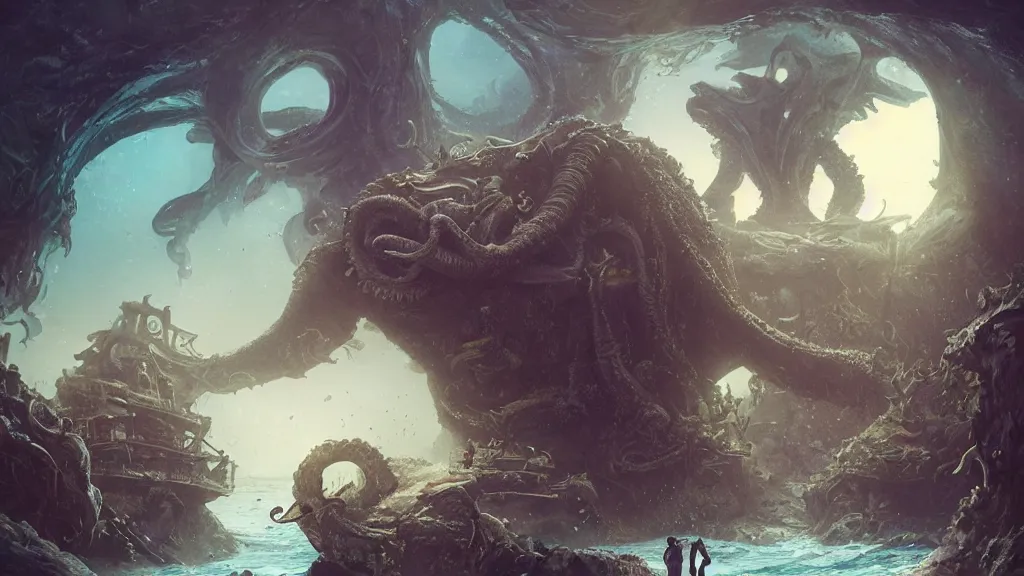 Prompt: A diver is under the sea, he has a treasure with him, he is swimming away from the giant Cthulhu that is behind hunting him, this is an extravagant planet with wacky wildlife and some mythical animals, the background is full of ancient ruins, the ambient is dark with a terrifying atmosphere, by Jordan Grimmer digital art, trending on Artstation,