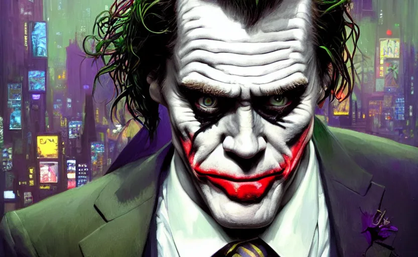 Image similar to highly detailed portrait of jim carrey as the joker wearing a suit, in batman comic book, stephen bliss, unreal engine, fantasy art by greg rutkowski, loish, rhads, ferdinand knab, makoto shinkai and lois van baarle, ilya kuvshinov, rossdraws, tom bagshaw, global illumination, radiant light, detailed and intricate environment