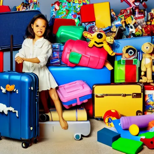 Image similar to a painted cartoonish scene, an open suitcase sits on a table, the open suitcase contains a vast pile of toys, the pile of toys rises all the way to the ceiling, the pile of toys blocks the background, a woman stands next to the table and suitcase, the woman holds more toys