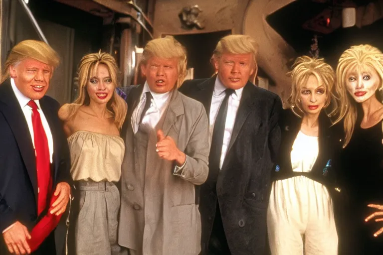 Image similar to Angelina Jolie, boris johnson, The Alien from the movie 'Alien', dolly parton, donald trump are best friends, on set of Friends TV show, still photo, hyperrealistic, 35mm, 8k, by weta digital