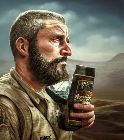 Image similar to portrait of muscular, tired and alcoholic 3 0 - year - ol 5 grieving man with short darkblonde hair, serious sad look in his eyes, looking down, dirty beard, blue eyes, crying tears, wearing dirty soldier uniform, on the desert, sad atmosphere, hyper realistic face, character art, art by mark brooks, cryengine, trending on artstation, digital art