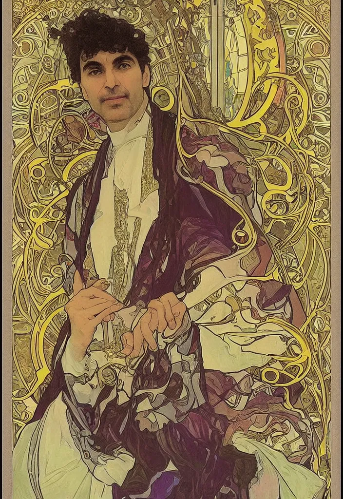 Image similar to Yoshua Bengio as the emperor on a tarot card, tarot in art style by Alphonse Mucha