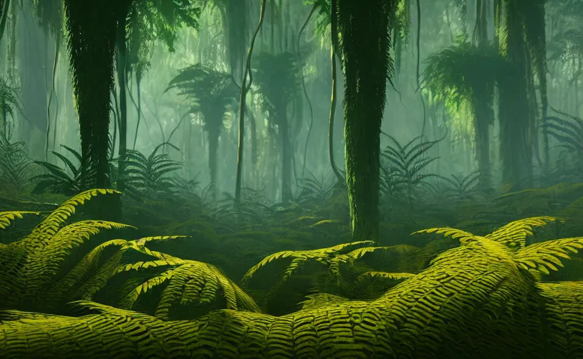 Prompt: a beautiful render of a dark prehistoric fern forest, lush flora, patches of yellow sky, dark green leaves, blue shadows, intricate detail, hazy, humid, volumetric lighting, 8 k, photorealistic, raytracing effects, unreal engine 5