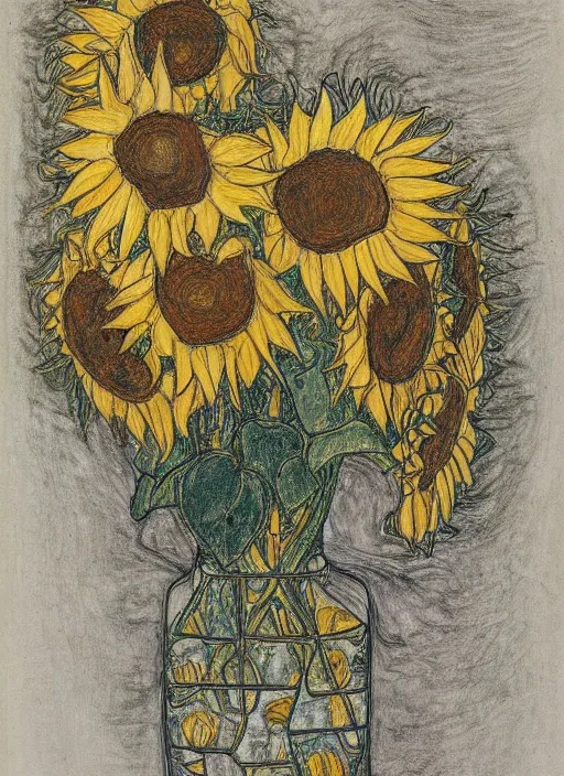 Image similar to an intricate drawing of a intertwined sunflowers by Egon Schiele and Piet Mondrian