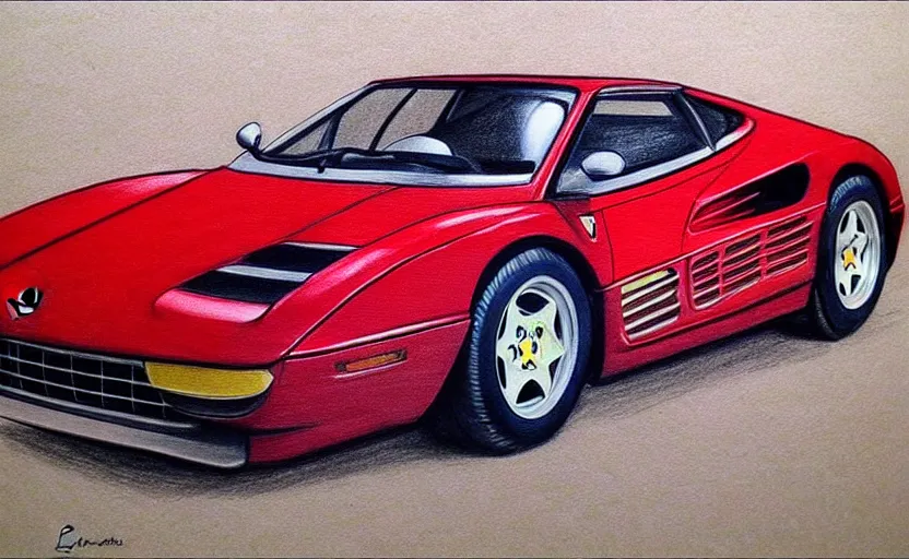 Prompt: a drawing of a red Ferrari Testarossa with wheels and rims, an airbrush painting by Ed Roth, trending on cgsociety, modern european ink painting, matte drawing, airbrush art, detailed painting, 8k