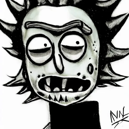 Image similar to grunge drawing of rick by - rick and morty , loony toons style, horror themed, detailed, elegant, intricate