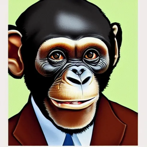 Image similar to a high detail portrait of a chimp wearing a suit 👔,and smoking🚬