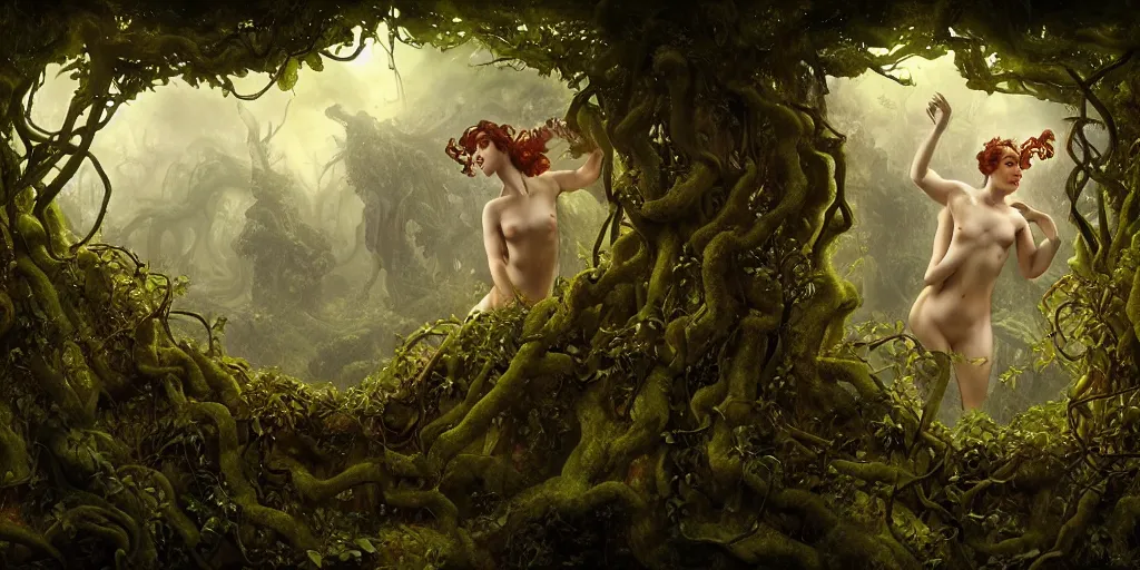 Image similar to mythological thermae overgrown by vines, by Rolf Armstrong and Evelyn De Morgan and Bastien Lecouffe-Deharme, dramatic lighting, high contrast colors, baroque, empyrean, panoramic view, as trending on Artstation, highly detailed, doom engine,