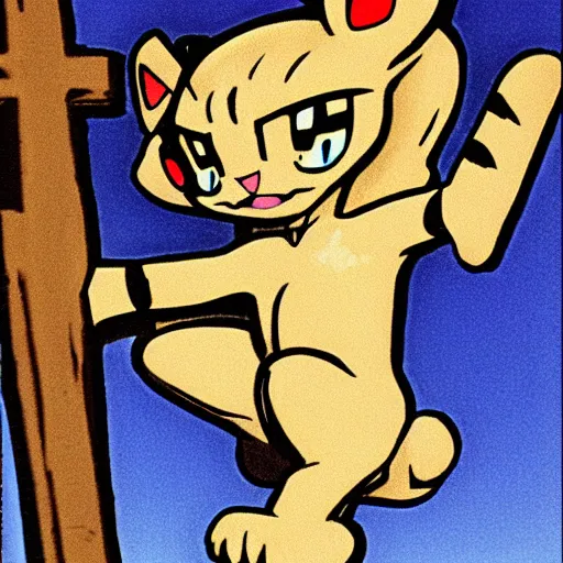 Prompt: meowth from pokemon crucifixion