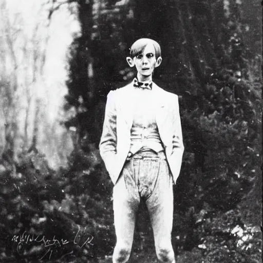 Image similar to Photograph of a young anorexic 1930s outcast man with very long hair and extravagant clothes