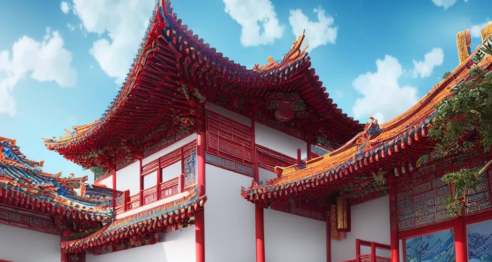 Prompt: beautiful chinese architecture with bamboo, blue skies, and voluminous clouds ; beautiful, amazing, colorful, dramatic lighting, cel - shaded, amazing depth, vivid colors, masterpiece ; behance hd, octane render, unreal engine 5, hyperdetailed, photography, photorealistic, 8 k